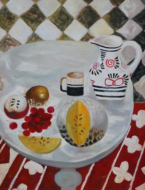 Decorative oil on board, Still life of vessels and fruit, 49 x 39cm. Condition - good